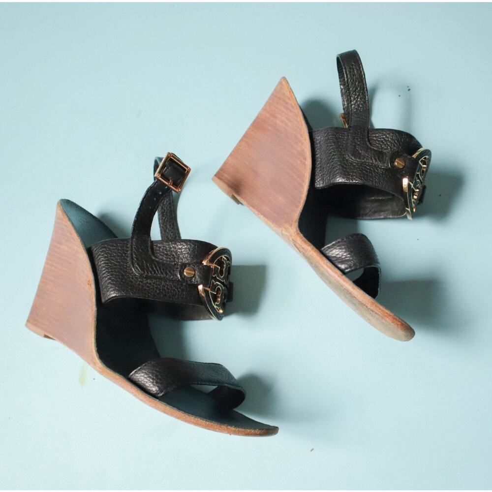 Tory Burch Black Leather Wedge Slingback Sandals Womens 11